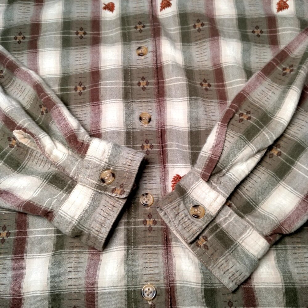 Vintage Casey And Max Blouse Women L Brown Plaid Embroidered Leaf Leaves Fall - Picture 10 of 15